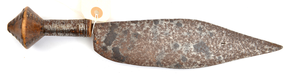 A Central African knife, swollen SE tapered blade 8¾”, grip bound with flattened wire, studded