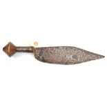 A Central African knife, swollen SE tapered blade 8¾”, grip bound with flattened wire, studded