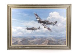 An oil on canvas of 2 RAF Spitfire Mix by Ronald Wong. Depicting aircraft of 73 Squadron flying over