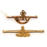 2 tie pin brooches: R Artillery and strung bugle for rifle regt, both marked “9CT”. GC Plate 3