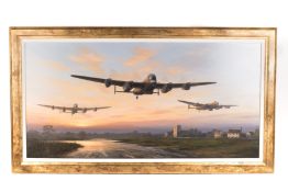 An oil painting on canvas of 3 RAF Avro Lancaster Bombers by Mark Postlethwaite. An early evening