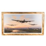 An oil painting on canvas of 3 RAF Avro Lancaster Bombers by Mark Postlethwaite. An early evening