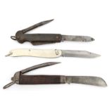 Another lot of 3: military style with blade, tin opener and spike, and with chequered hard leather