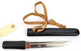 A Japanese dagger Aikuchi, blade polished bright with fuller 6¾” in its black lacquered saya,