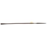 A Zulu throwing spear, 54” slender leaf shaped ;blade 14”, rattan binding, swollen wood finial. GC