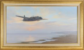 An oil painting on canvas entitled 'Limping Home'. An RAF Wellington bomber of 300 Squadron flying