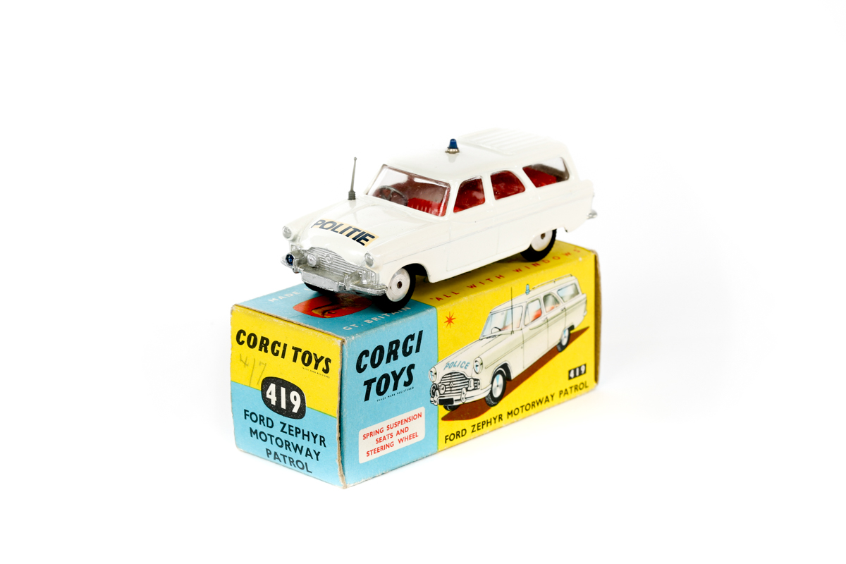 A Corgi Toys export issue Ford Zephyr Motorway Patrol (419). An example produced for the Dutch