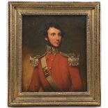 A half length portrait “Ensign Henry Fiennes, c 1835”, scarlet full dress coatee with epaulettes and