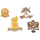 4 cavalry officers’ collar badges: silver plated KDG eagle and 9th L, gilt 14th/20th H, and gilt and