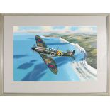 A watercolour of an RAF Mk1a Spitfire over The Seven Sisters in East Sussex U.K. A Battle of Britain