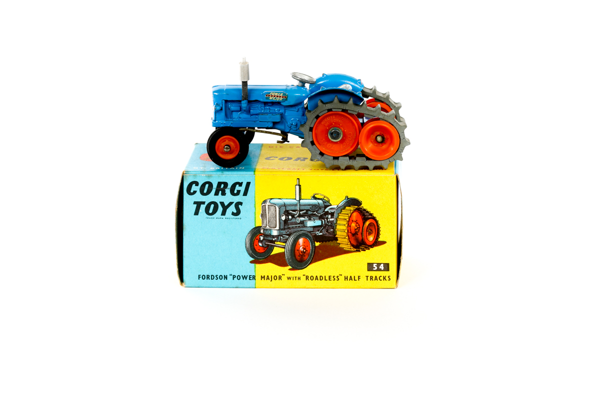 A scarce Corgi Toys Fordson 'Power Major' Tractor (54). An example with blue body, orange wheels and