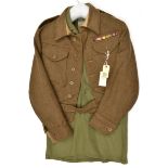 A WWII BD blouse, utility pattern, dated 1944, WWII medal ribbons, with an associated OR shirt. GC