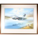 A watercolour of an RAF Tornado fighter/bomber. In high speed low level flight over water probably
