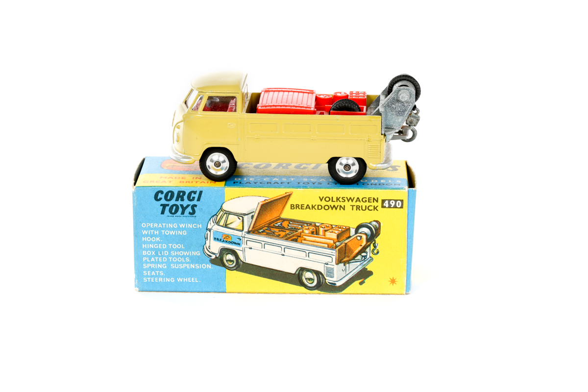 A Corgi Toys Volkswagen Breakdown Truck (490). An example in light olive green with red interior and