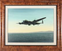 An oil painting on canvas of an RAF Lancaster Bomber. Depicting a lone bomber loaded with a bouncing