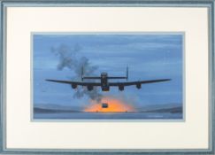 A watercolour painting entitled Dam Busting Bomber by Keith Woodcock. A night scene of an RAF