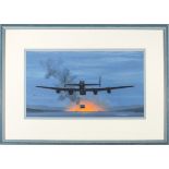 A watercolour painting entitled Dam Busting Bomber by Keith Woodcock. A night scene of an RAF