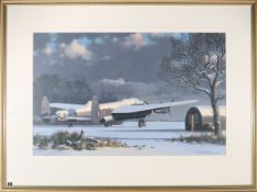 A watercolour painting of an RAF Avro Lancaster. A winter scene with a snow covered aircraft Sitting