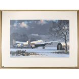 A watercolour painting of an RAF Avro Lancaster. A winter scene with a snow covered aircraft Sitting