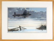 A watercolour entitled 'Long Cold Night Ahead' by Keith Woodcock. Depicting an RAF Avro Lancaster