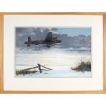 A watercolour entitled 'Long Cold Night Ahead' by Keith Woodcock. Depicting an RAF Avro Lancaster