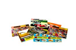 16 Corgi Toys catalogues and a Corgi Model Club Badge. Examples include; 1966 (long format), 1966,
