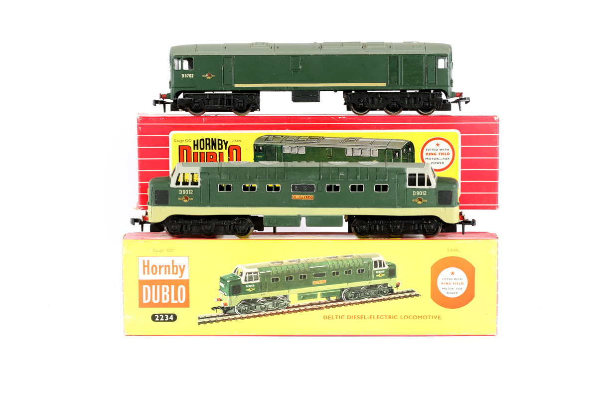 2 Hornby Dublo 2-rail locomotives. A BR Deltic Co-Co diesel (2234) 'Crepello' RND9012 in two tone