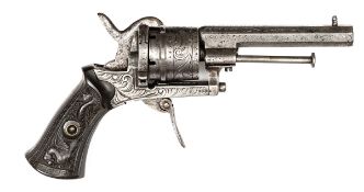 A Belgian 6 shot 7mm DA pinfire revolver, 7” overall, octagonal barrel 3¼” with punched and panel