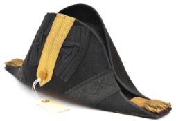 A Vic RN Quartermaster’s cocked hat, bullion tassels fore and aft, gilt lace loop and purl button,