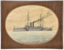 A finely embroidered depiction of the Dreadnought HMS Albion c 1900, set in an oval with red,
