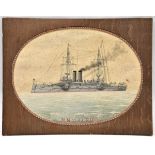 A finely embroidered depiction of the Dreadnought HMS Albion c 1900, set in an oval with red,