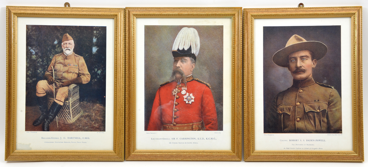 A set of 9 coloured prints of Boer War period officers, with biographical details on the back,