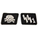 A pair of bullion embroidered SS collar patches: “SS1” with remains of RZM label, and death’s