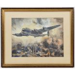 A WWII watercolour painting of a Lancaster bomber, above a town with bombed buildings and smoke,