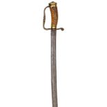 An 18th century continental hunting hanger, slightly curved blade 23”, with twin back fullers, brass