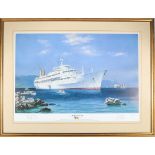 A framed print of the famous P&O Liner 'Canberra' original by Colin Verity. At anchor perhaps in the
