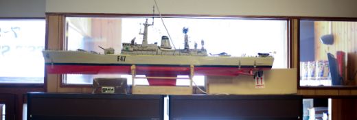A well constructed and detailed radio controlled model ship. A large model of a Leander Class (