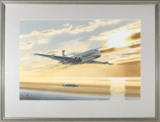 A watercolour painting of a Nimrod. The reconnaissance aircraft of the RAF in recent years, depicted