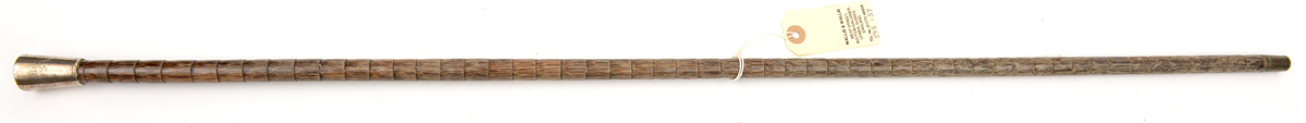 A WWI simulated polished malacca walking cane, inverted conical brass top script engraved “2nd Lieut