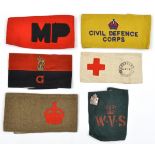 6 WWI/II arm bands: Sussex VAD, d 1918, Derby Scheme, CIGS officer, WVS, CDC and MP.