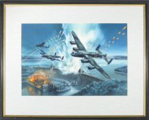 A watercolour painting of Operation Chastise by Hardy. 3 Dam busting RAF Avro Lancaster bombers from