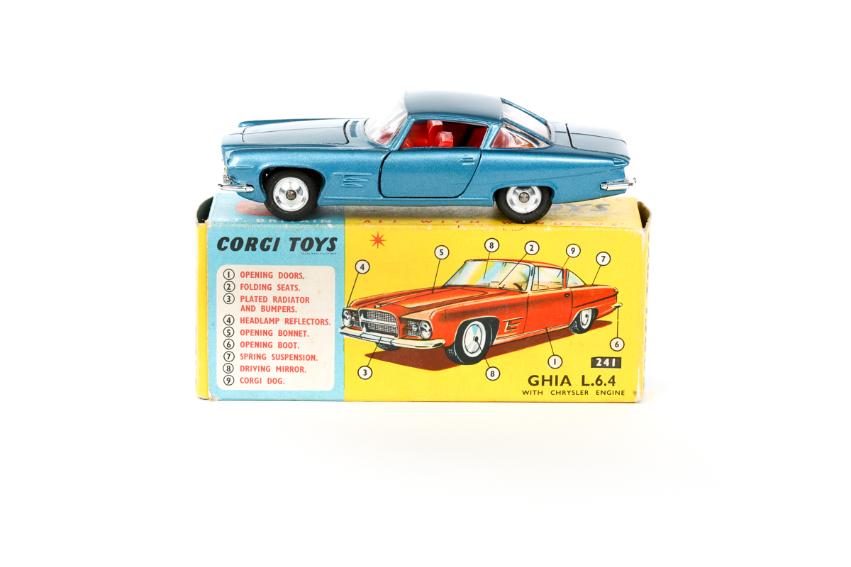 Corgi Toys Ghia L.6.4 (241). Example in mid metallic blue with red interior. Boxed, minor wear.