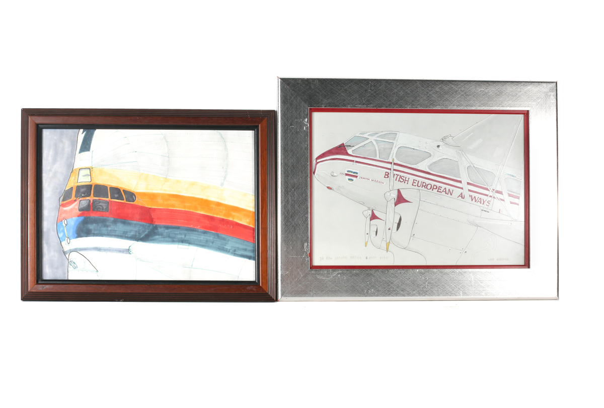 2 pen and ink drawings on board by James Hirons (member of the Guild of Aviation Artists). One