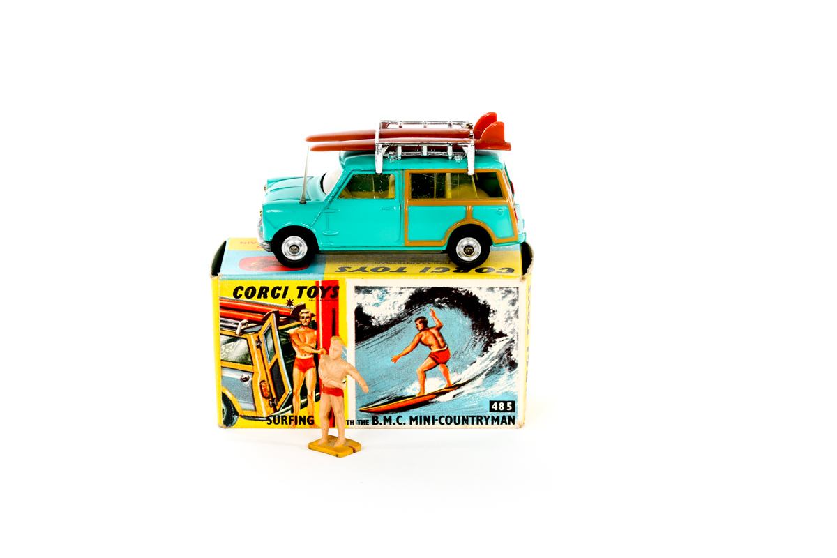 A Corgi Toys Mini Countryman with Surfer (485) in sea-green with 2 surf boards and surfer figure.