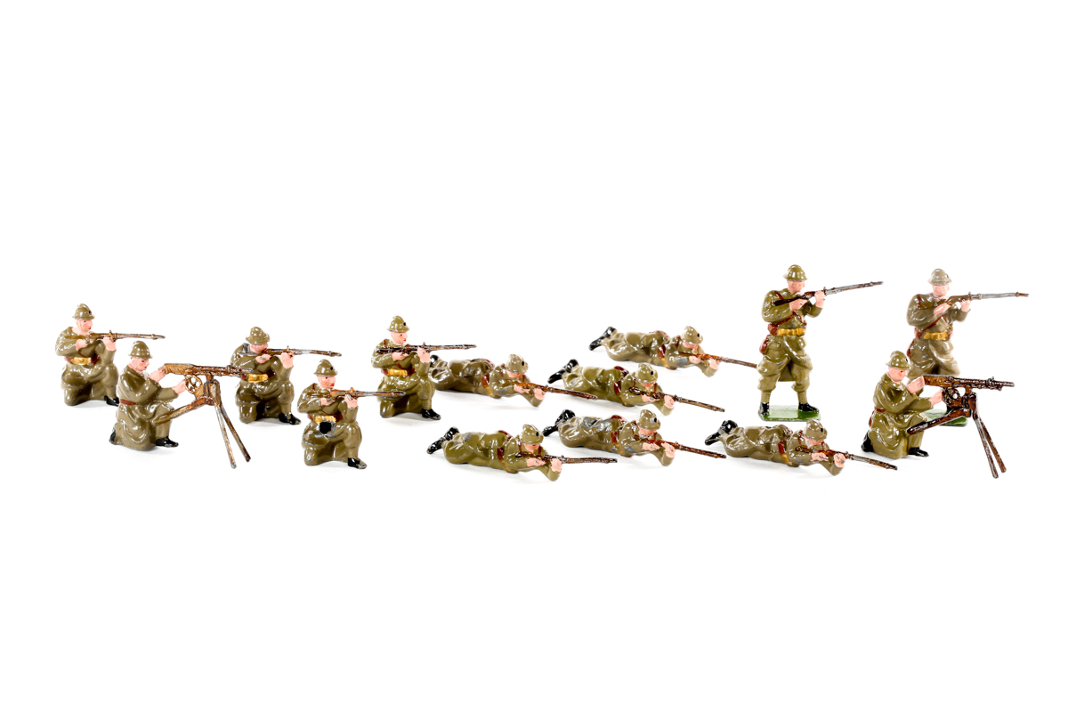 Britains Belgian Infantry from Set No.1383 C. 1950's - 6 lying firing, 4 kneeling, 2 standing firing