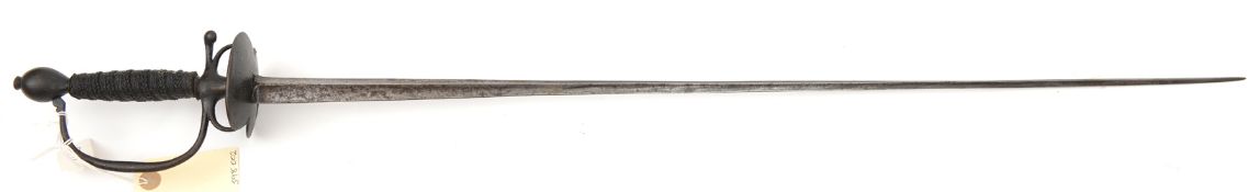An 18th cent mourning sword, hollow triangular section blade 33”, with foliate etching to top 8”,
