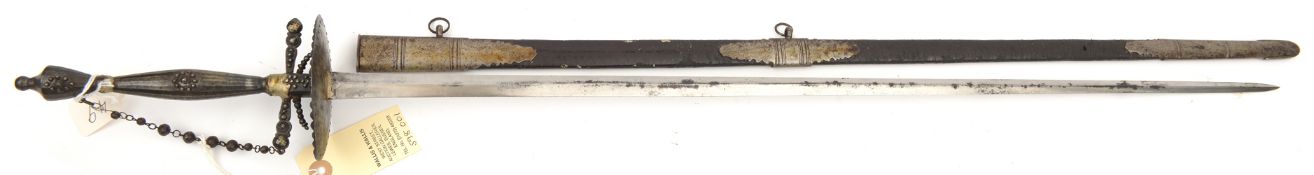 An 18th century mourning sword, shallow diamond section blade 28”, darkened steel hilt with