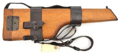 A modern copy of a wooden holster/shoulder stock, for the 1896 “broom handle” Mauser automatic
