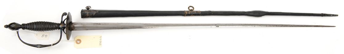 An 18th century mourning sword, hollow triangular section blade 32½”, with traces of etching to