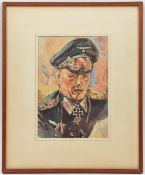 A watercolour portrait of Erwin Rommel, attributed to Lt. Col Burmingham, 7” x 10”, in window